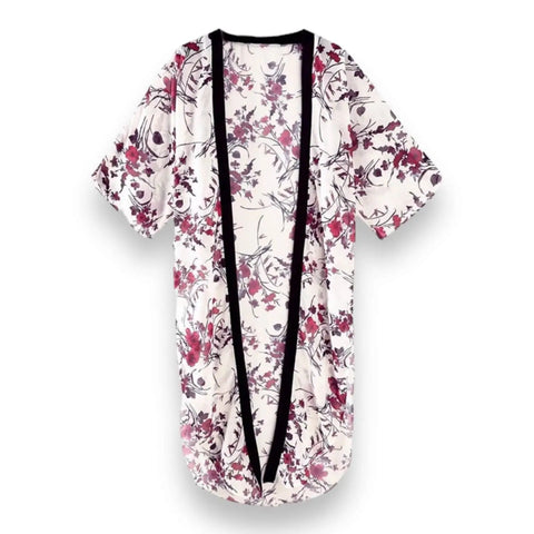 Plus size boho floral long robe cover up in ivory with red floral print and black velvet trim, open front kimono style for beach or layering