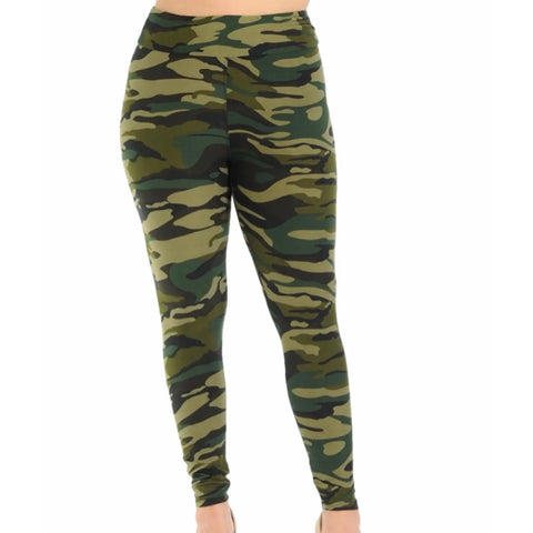 Plus size high waisted green camo leggings in soft brushed knit, shown on hanger for casual everyday wear.