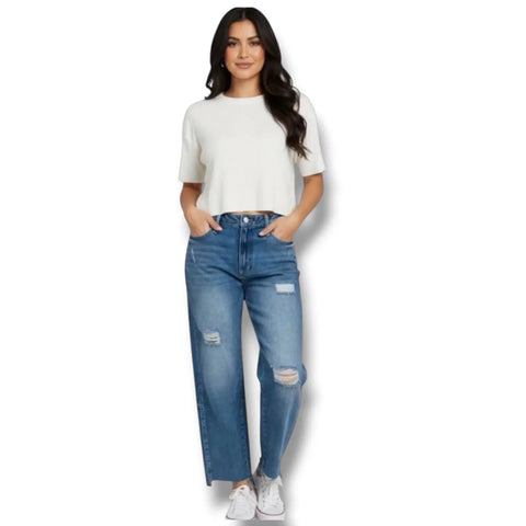 plus high rise straight leg ankle jeans in faded blue front view size 18