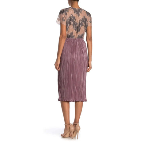 Plus Size Mauve Rose Velvet Pleated Midi Skirt Elastane Waistband 1X