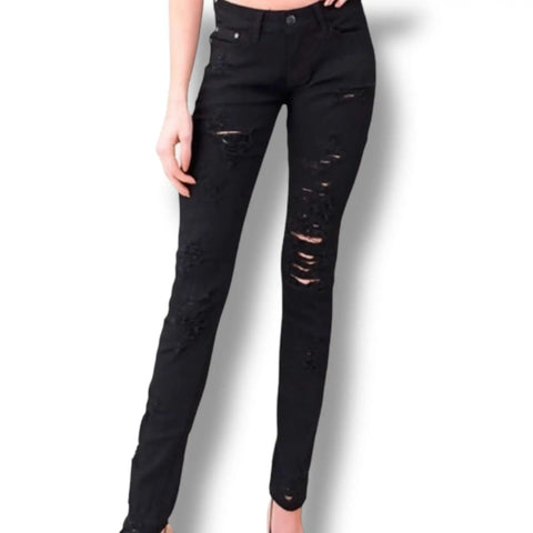 Plus size mid rise black ripped skinny jeans with distressed detail and triple button closure