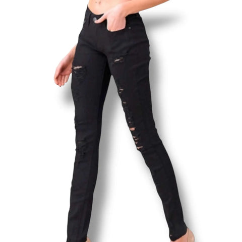 Plus size mid rise black ripped skinny jeans with distressed detail and triple button closure