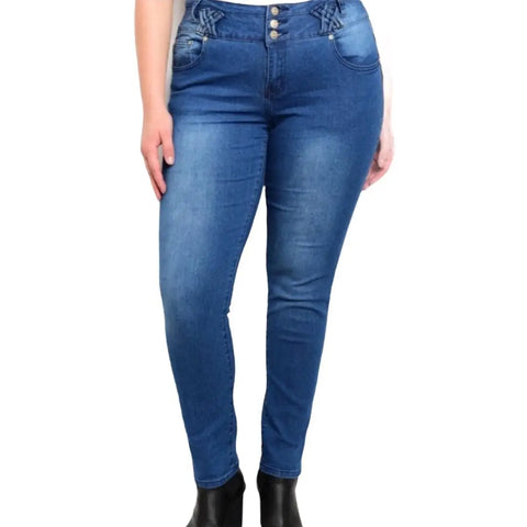 Plus Size Mid Rise Skinny Jeans with Braided Loops – Blue Denim