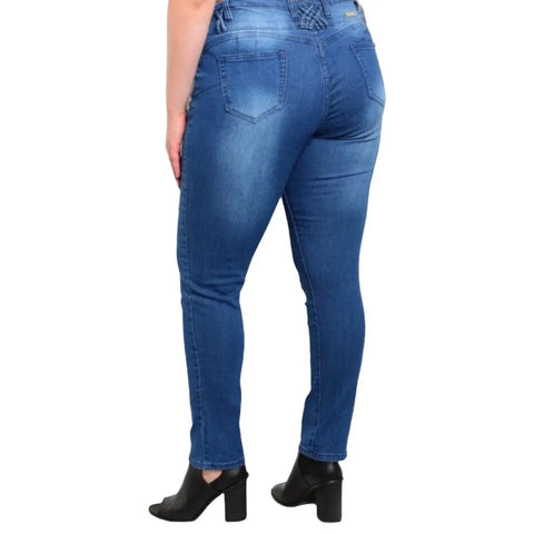 Plus Size Mid Rise Skinny Jeans with Braided Loops – Blue Denim