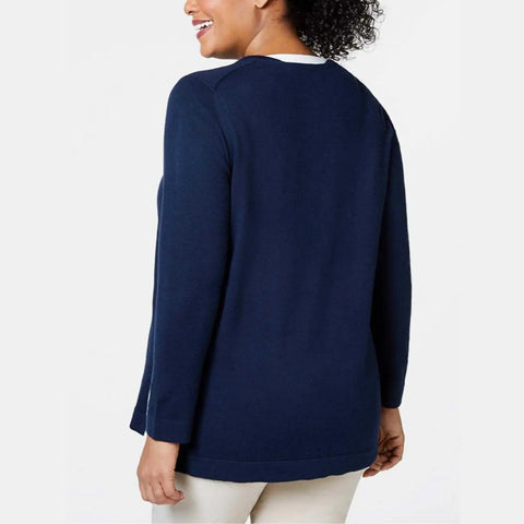 Plus Size Navy Blue White Trim Knitted Sweater crisp nautical style
