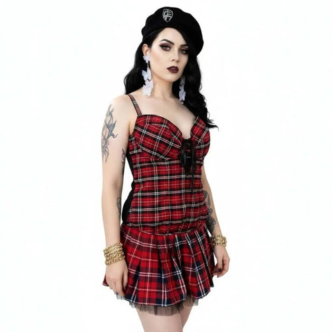 Plus Size Red Tartan Bustier Top with lace-up front sweetheart neckline and black back panel