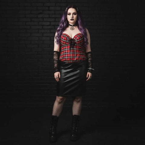 Plus Size Red Tartan Bustier Top with lace-up front sweetheart neckline and black back panel hook eye closure