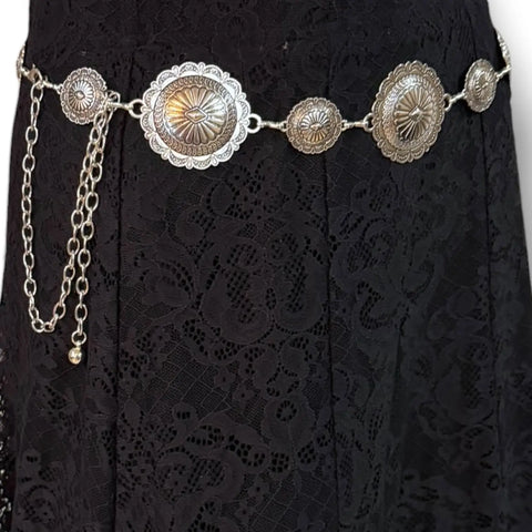 Plus Size Round Floral Concho Chain Belt in antique silver or gold with etched sunburst medallion links