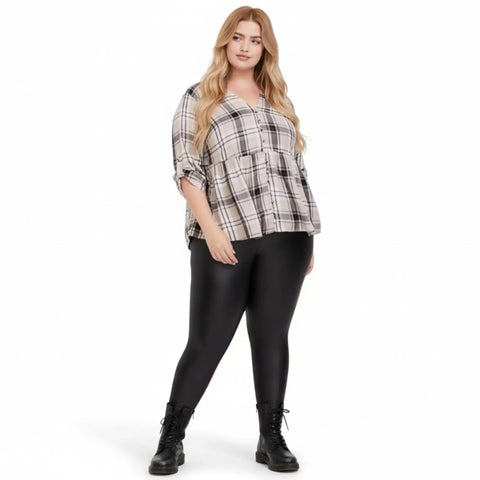 Plus size Torrid plaid babydoll top with V-neckline, button front, roll-tab sleeves and metallic gold thread
