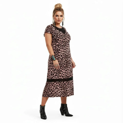 Plus Leopard Print Black Lace Midi Dress with short sleeves and side pockets side view