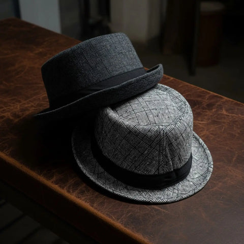Men's checked pork pie hat in gray or navy with black band, telescope crown and curled stingy brim / navy blue