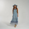 Blue Sleeveless Tiered A-Line Maxi Dress with floral rosettes, crochet lace hem, and boho style / women's / large video