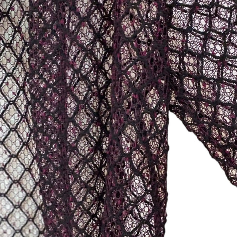 Purple Black Open Front Mesh Blazer with semi-sheer diamond lattice texture, 3/4 sleeves, and gothic layering style close up 