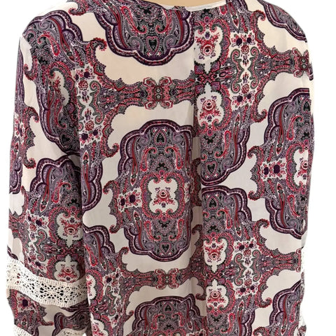 Purple White Paisley Long Sleeve Top Backside paisley plus size blouse in purple, white print