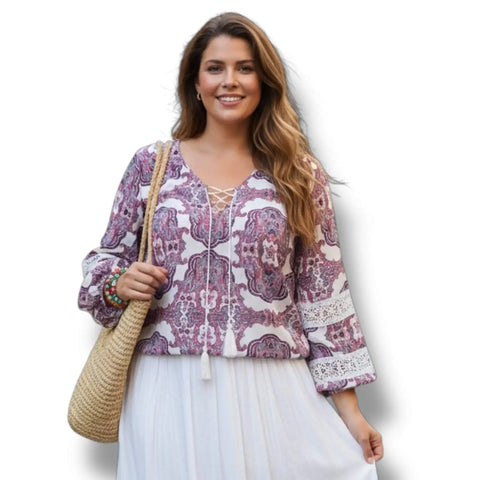 Purple white paisley long sleeve plus size blouse with lace up neckline