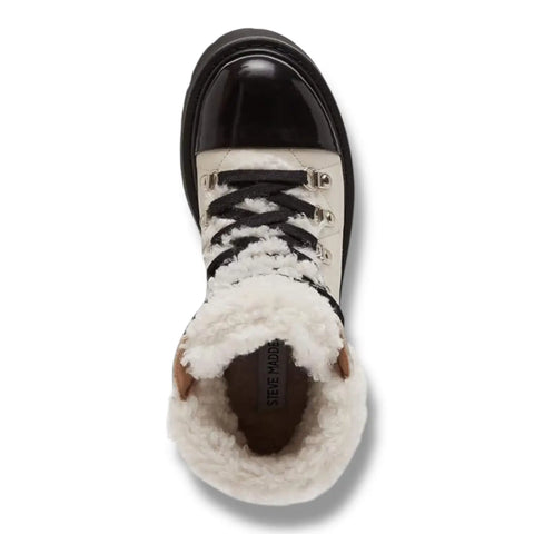 quilted sherpa lace up combat boots leather two tone black patent round toe cap view 