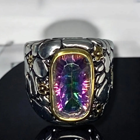 Rainbow purple topaz sterling silver statement ring with gold bezel and floral mosaic wide band