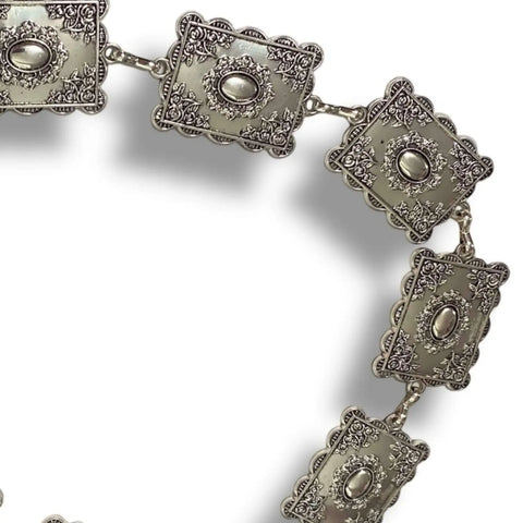 Rectangle Engraved Metal Link Western Belt western chain belt with floral etched medallion links and lobster clasp, available in antique gold, antique silver