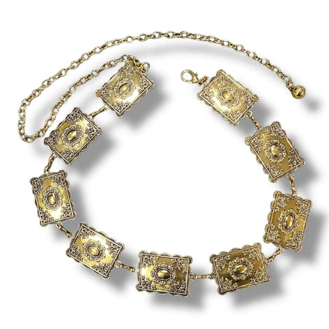Rectangle Engraved Metal Link Western Belt western chain belt with floral etched medallion links and lobster clasp, available in antique gold, antique silver