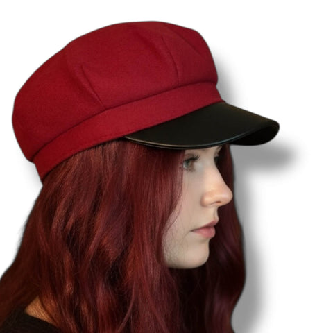 Chauffeur Hat Red Black Faux Brim Cap with black strap with silver buckle accented 8 panel one size 