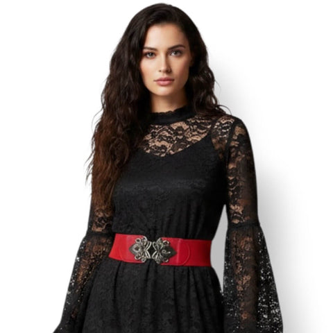 woman black outfit wearing Red wide elastic waist cinch belt with antique silver filigree buckle