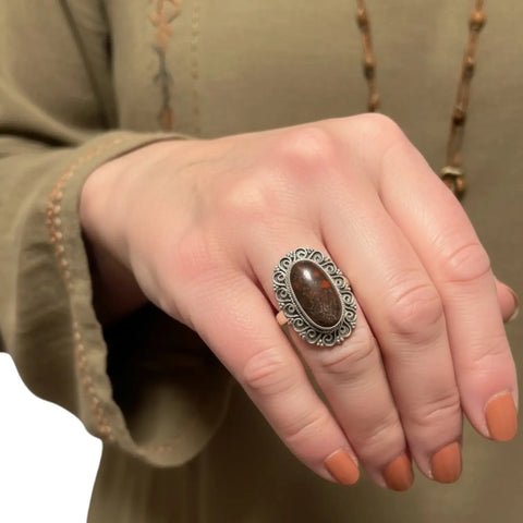 Red Dinosaur Fossil Sterling Silver Ring - fossil / Red / 8.75 - Women’s Rings