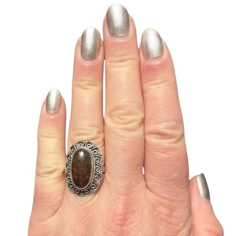 Red Dinosaur Fossil Sterling Silver Ring - fossil / Red / 8.75 - Women’s Rings