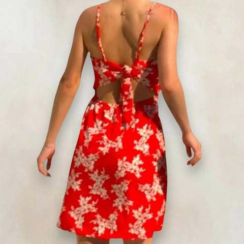 Sleeveless Red Floral Button Front Back Tie Mini Dress with open back bow and summer style