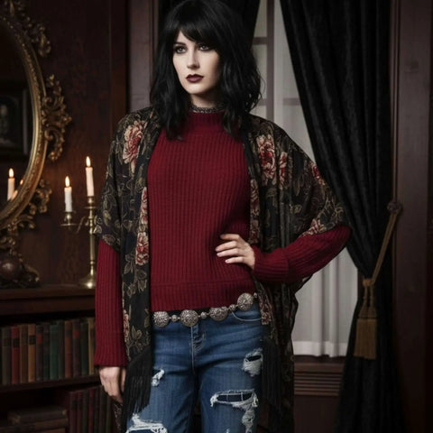 woman wearing a red floral velvet black fringe kimono jacket with burnout roses regular to plus size