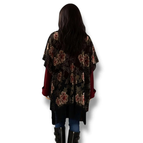 woman wearing a red floral velvet black fringe kimono jacket with burnout roses regular to plus size