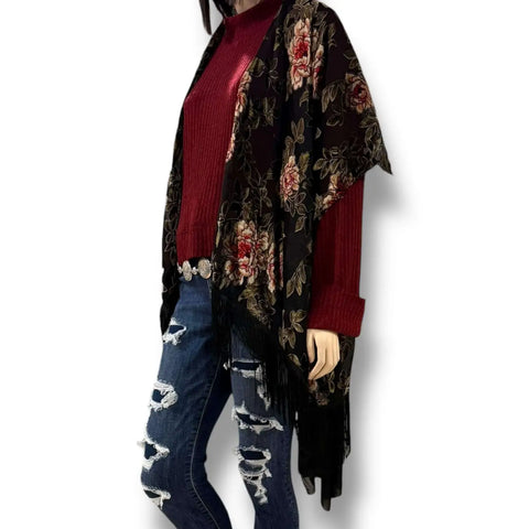 woman wearing a red floral velvet black fringe kimono jacket with burnout roses regular to plus size
