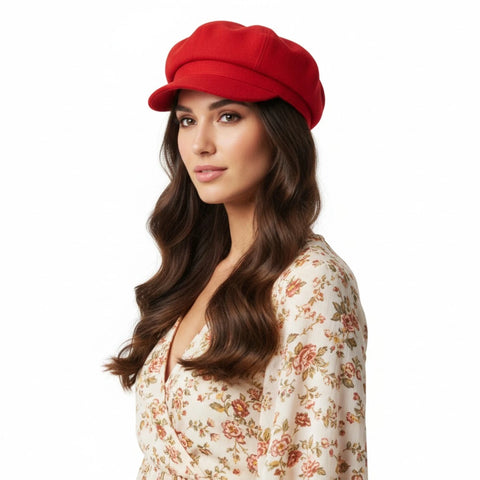 model wearing red Women’s Solid Color Newsboy Hat with 8-panel crown and curved brim / one size