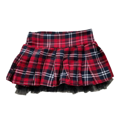 Red tartan tulle mini skirt with black mesh scalloped trim and wide waistband