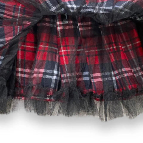 Red tartan tulle mini skirt with black mesh scalloped trim and wide waistband