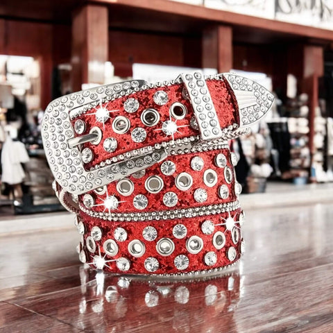 Glam Silver Studs Rhinestone Belt Red rhinestone belt with oversized silver buckle and tip