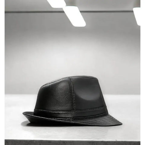 Retro Leather Trilby Fedora Hat Lifestyle—black trilby styled counter display side view