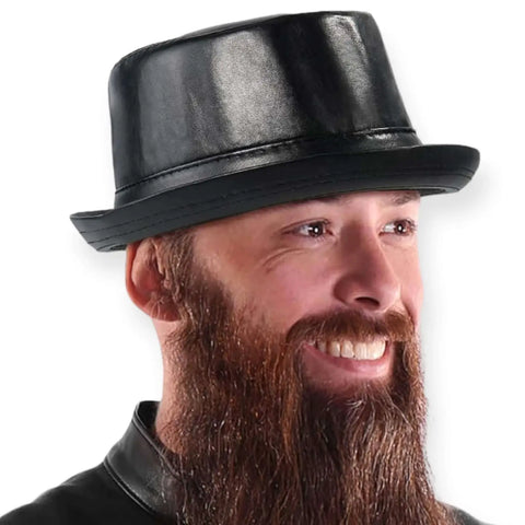 Retro Leather Trilby Fedora Hat Lifestyle—black trilby styled with black moto jacket for indie/jazz street look