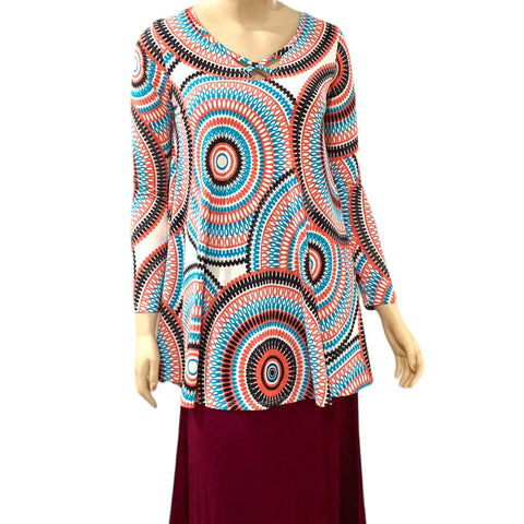 Retro Colorful Medallion Long Sleeve Tunic Top