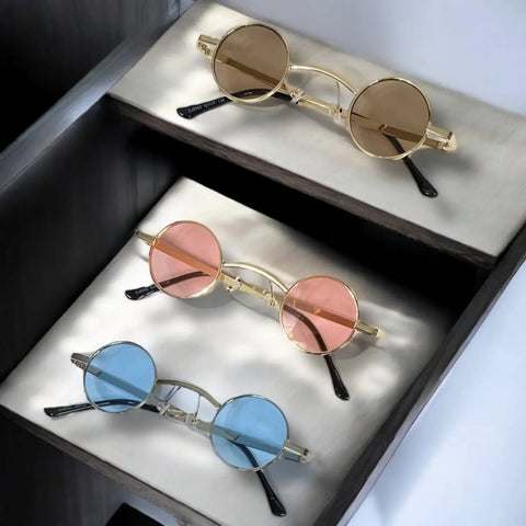 Retro Round Small Lenses Metal Sunglasses in brown, pink, or blue metal gold or silver frames
