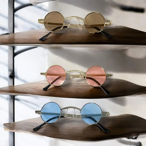 Retro Round Small Lenses Metal Sunglasses in brown, pink, or blue metal gold or silver frames