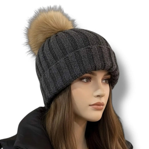 rib knit cuffed winter beanie with detachable real raccoon fur pom pom in burgundy red or dark gray soft stretch unisex cold weather hat