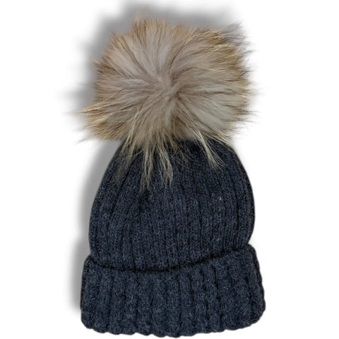 rib knit cuffed winter beanie with detachable real raccoon fur pom pom in burgundy red or dark gray soft stretch unisex cold weather hat