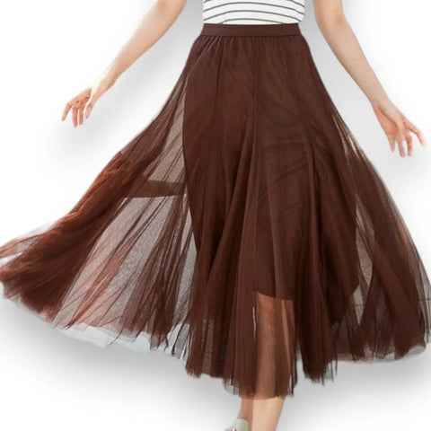 woman wearing the Rich Brown Tulle Mesh Maxi Skirt multi layer elastic waistband
