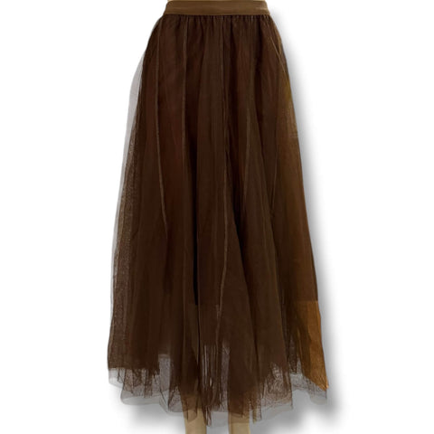 Rich Brown Tulle Mesh Maxi Skirt multi layers pleated panels with elastane waistband 