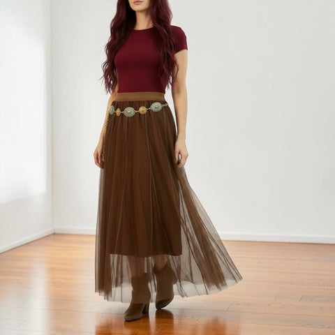 woman wearing belt boots burgundy top with rich Brown Mesh Maxi Skirt with layered mesh, A-line silhouette, stretch waistband, and opaque lining