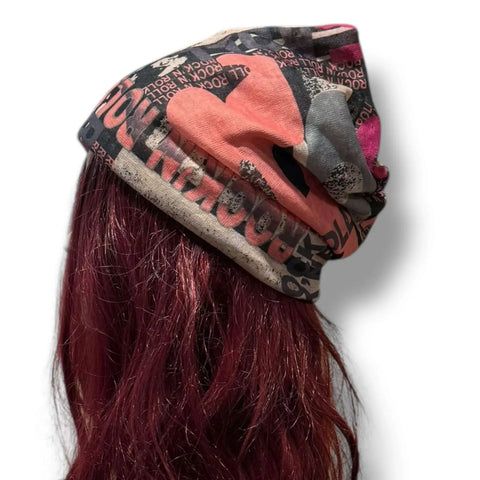 Rock and roll graphic jersey beanie multi functional multicolor print peach pink ivory stretchy unisex skull cap headband neck gaiter balaclava