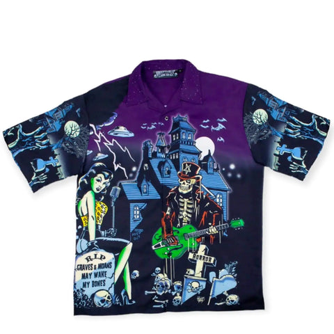 Men's Rockabilly Haunted House Button Up Shirt vibrant colored Short sleeve gothic tattoo artwork  xxl 
