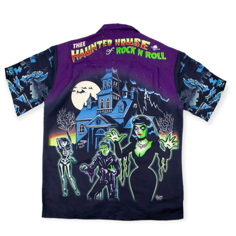 Men's Rockabilly Haunted House Button Up Shirt vibrant colored Short sleeve gothic tattoo artwork  xxl 