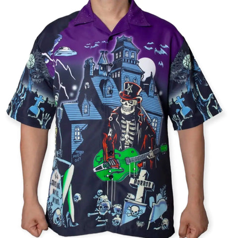 Men's Rockabilly Haunted House Button Up Shirt vibrant colored Short sleeve gothic tattoo artwork  xxl 