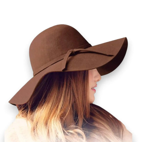 round crown wide brim floppy hat with bow band in tan black brown or burgundy cotton polyester blend boho, indie, hippie retro year round headwear